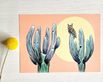 Owl Giclee Print, pink sky  5x7"