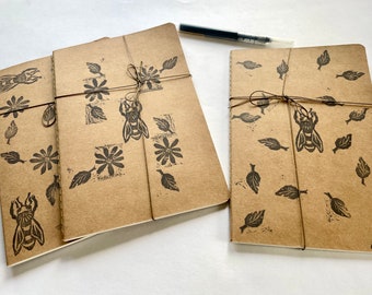 Handcarved Bee Sketchbook, Floral Stamped Notebook