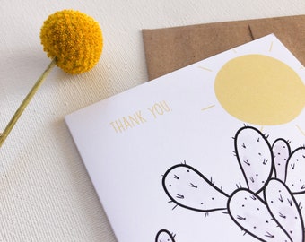 Thank You Card, prickly pear cactus, desert art, pink yellow white, sun