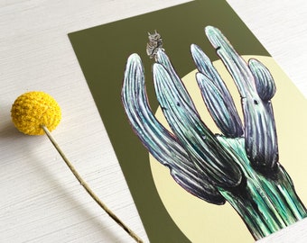 Owl Giclee Print,  green sky 5x7"