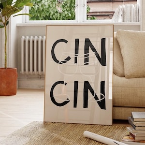 Cin Cin プリント、ワイングラス 乾杯ポスター、タイポグラフィ キッチン プリント
