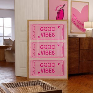Impresión de boletos retro Good Vibes, decoración del hogar rosa, arte de pared rosa, decoración del dormitorio
