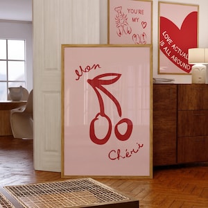 Rosa Mon Chéri Küchendruck - Französische Kirschen Wandkunst - Einweihungsgeschenk, Valentinstag
