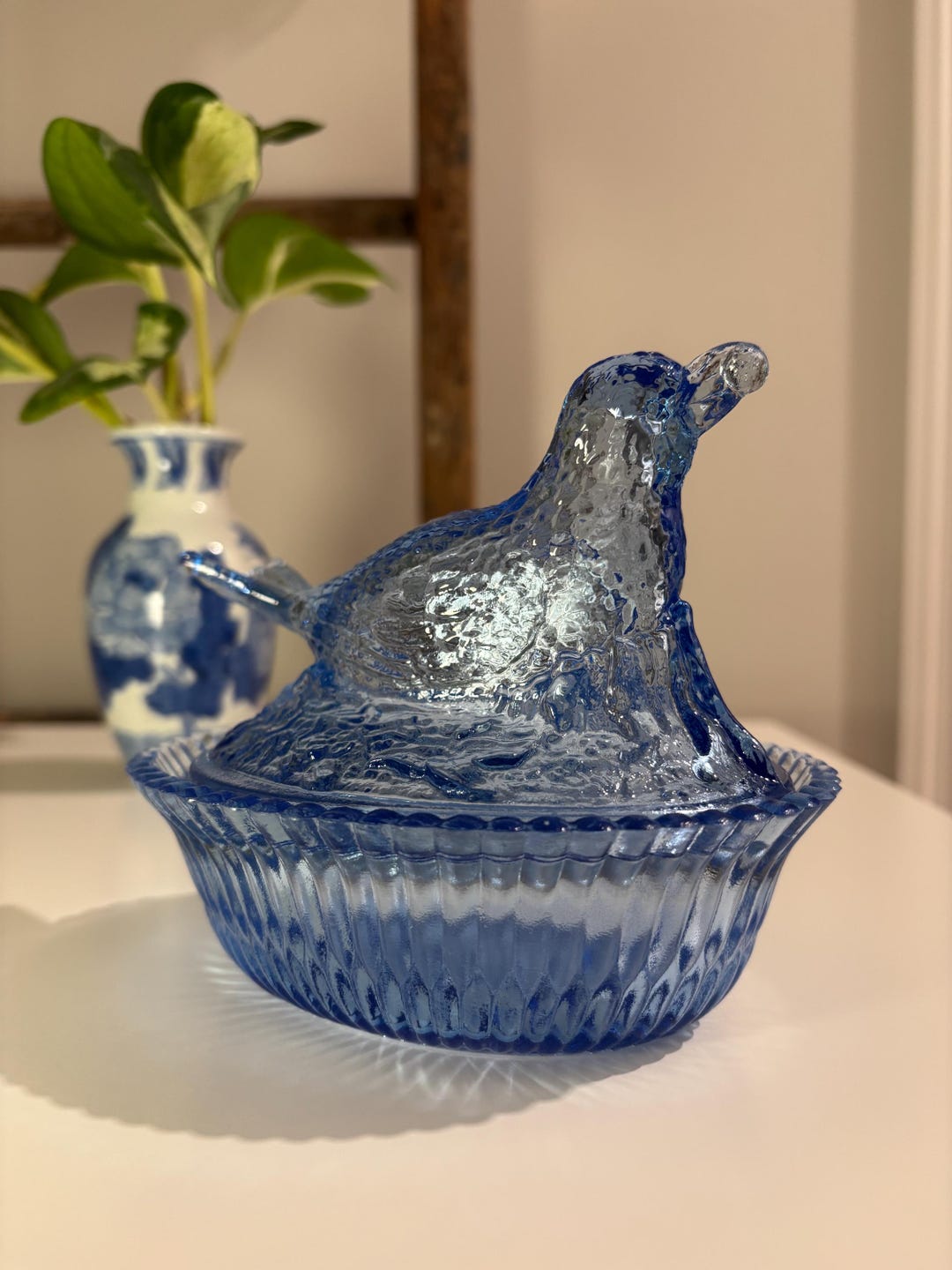 Vintage blue glass candy dish bird on nest etsy