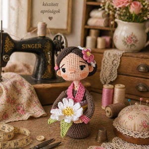 Op de afbeelding: Handgemaakte gehaakte pop met een bloem in haar haar en een boeket witte bloemen. De pop draagt een bruin en roze outfit. De achtergrond omvat een vintage naaimachine, garenklosjes en een ingelijst bord met Hongaarse tekst.