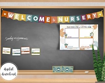 May include: A chalkboard with the words "WELCOME to NURSERY" in a colorful banner at the top. Below the banner are four small cards with the words "talk", "scripture", "prayer", and "miracle of faith". There is a larger card with the words "OUR GOALS FOR growth THIS YEAR" and four sections labeled "SOCIAL", "SPIRITUAL", "PHYSICAL", and "INTELLECTUAL". The chalkboard is framed in wood and there is a digital download label at the bottom.