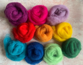 Heidifeathers Felting Wool 'Rainbow Cloud Mix - 10 dyed Carded Slivers of Corriedale Wools
