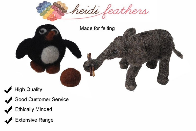 May include: Two felt animal toys, a black and white penguin and a gray elephant, made for felting. The penguin is holding a brown ball. The elephant is holding a stick. The text "Heidi Feathers" and "Made for felting" is visible in the image.