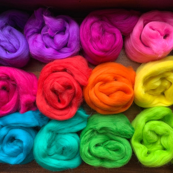 Heidifeathers Merino Wool Tops / Roving Felting Wool 'Playful Mix' 12 Colours - 120G / 4.2oz - Bright Colours