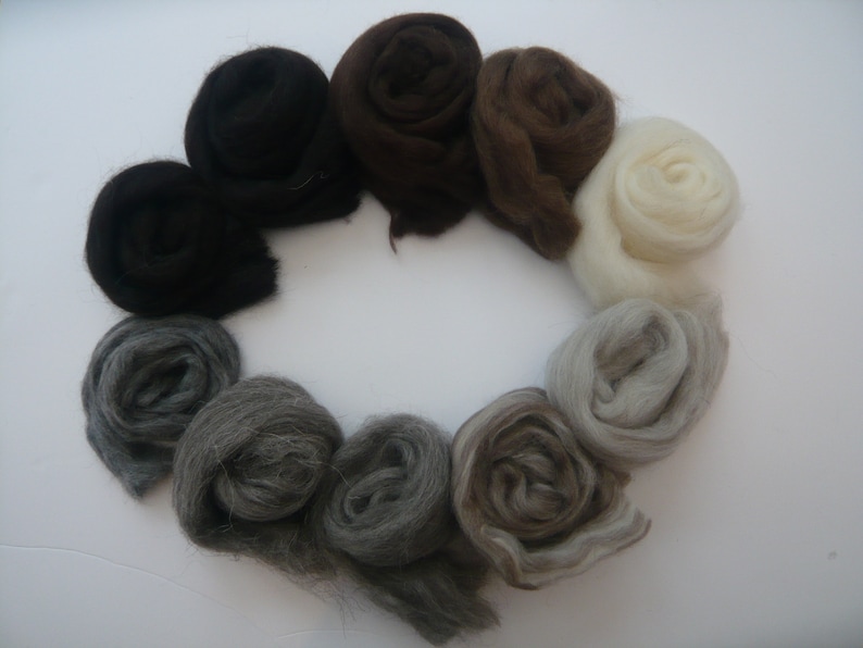 May include: A collection of eight different colored wool rovings arranged in a circle. The colors are black, brown, gray, and white.
