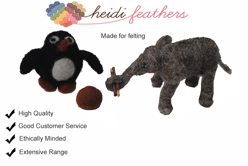 May include: Two felt animal toys, a black and white penguin and a grey elephant, made for felting. The penguin is holding a brown ball. The elephant is holding a stick. The text "Heidi Feathers" and "Made for felting" is visible in the image.