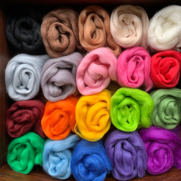 Heidifeathers Felting Wool 'Variety Mix' - Merino Wool Tops / Roving - 20 Colours 100g / 3.5oz