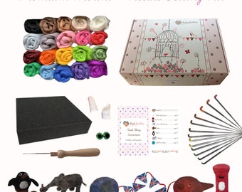 Heidifeathers Kit de fieltro de aguja en caja premium: lana merino de 20 colores, mango, protectores y ojos