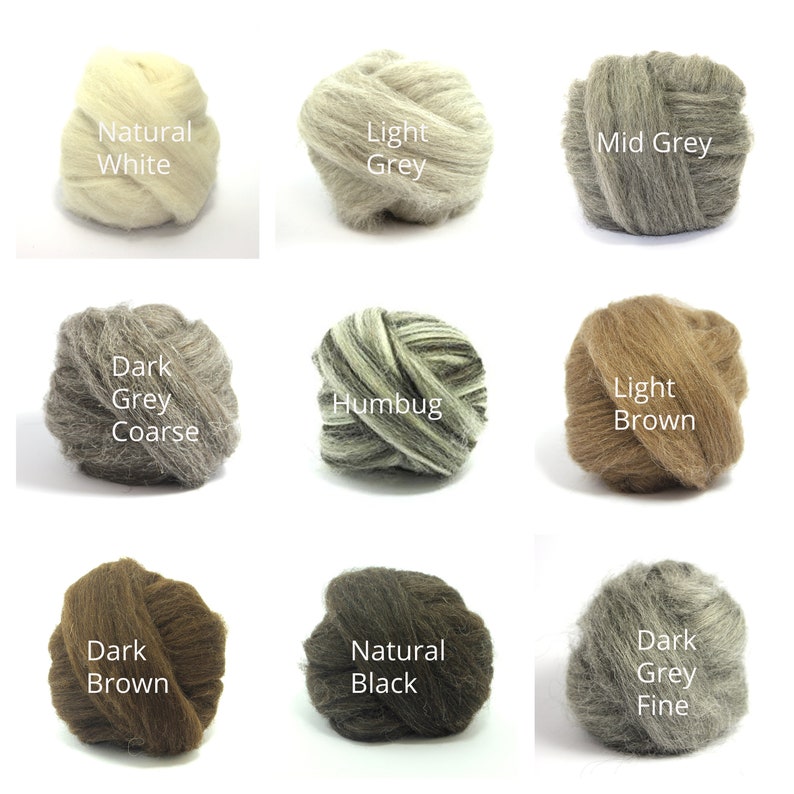 May include: Nine balls of wool in various shades of gray, brown, and white. The wool is labeled with the color names: Natural White, Light Grey, Mid Grey, Dark Grey Coarse, Humbug, Light Brown, Dark Brown, Natural Black, and Dark Grey Fine.