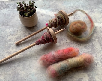 Heidifeathers Wooden Drop Spindles - 2 x Beechwood Spindles Hand Spinning Top Whorl