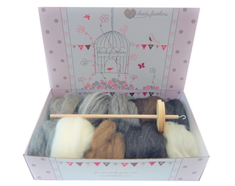 Heidifeathers Boxed Drop Spindle Spinning Kit - 'Animal Mix' Natural Wool Tops / Roving