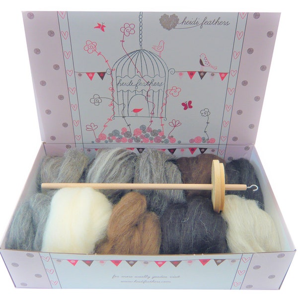 Heidifeathers Boxed Drop Spindle Spinning Kit - Natural Wool Tops / Roving
