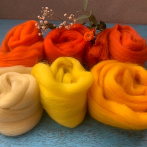 Heidifeathers Merino Wool Tops / Roving 'Outstanding Oranges and Yellows' - Felting Wool