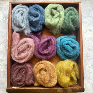 May include: A wooden tray containing nine coiled bundles of raw wool roving in various colours, including light grey, deep blue, light green, dark green, dusty pink, vibrant purple, bright turquoise, deep maroon, and golden yellow shades.