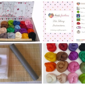Heidifeathers Boxed Premium WET FELTING Kit - Complete Kit -Bamboo mat, 20 Merino Colours...