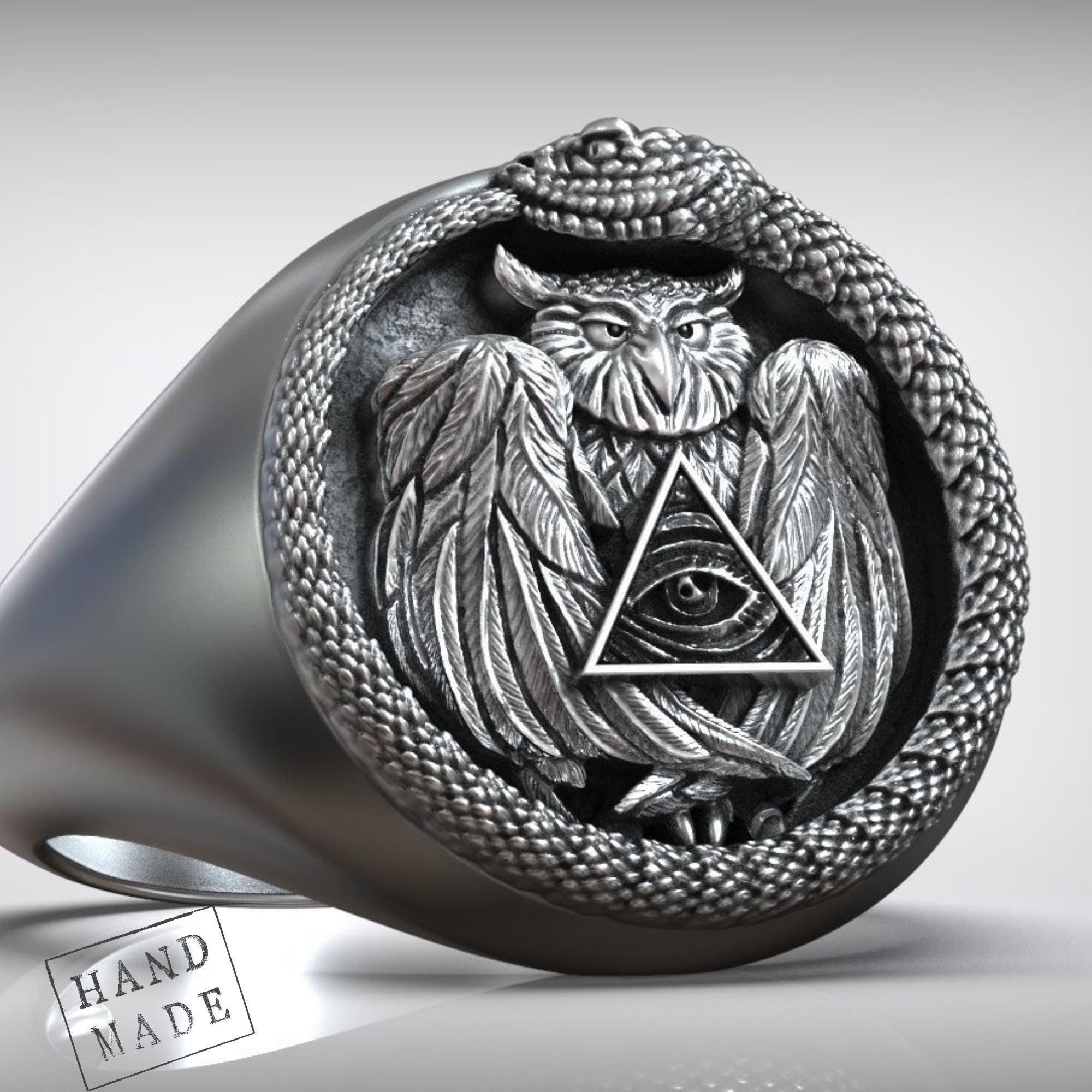 Ouroboros Owl Ring With Eye Of Providence, Handmade Masonic Symbol Ring For Men, Illuminati All Seei