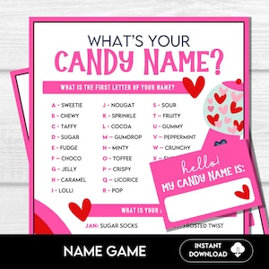 What&#39;s Your Candy Name Game, Fun Valentine&#39;s Day Printable Name Games, Printable Party Games for Kids, Icebreaker Party Game, Name Generator