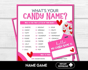 What's Your Candy Name Game, Fun Valentine's Day Printable Name Games, Printable Party Games for Kids, Icebreaker Party Game, Name Generator