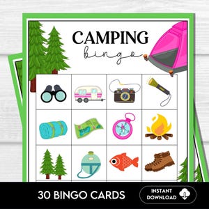 Jogo de Bingo para Acampamento – 30 Cartões para Imprimir, Atividade Divertida para Festa de Acampamento, Acampamento de Verão, Jogo de Acampamento, Jogo de Festa de Acampamento, Bingo de Acampamento de Verão, C1