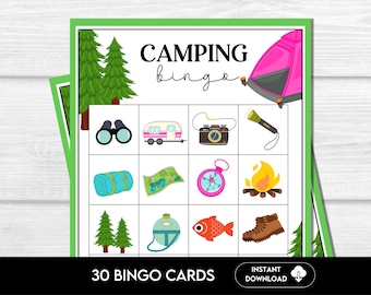 Jeu de bingo de camping – 30 cartes à imprimer, activité amusante de fête de camping, colonie de vacances, jeu de terrain de camping, jeu de fête de camping, bingo de camp d'été, C1