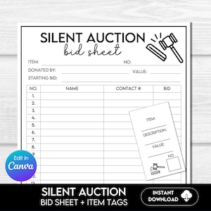 以下が含まれることがあります： ハンマーのグラフィックが描かれた、印刷可能なサイレントオークションの入札シート。シートには、アイテム番号、名前、連絡先番号、入札金額のスペースがあります。また、アイテム、説明、価値、番号のスペースがある、別途印刷可能なアイテムタグもあります。