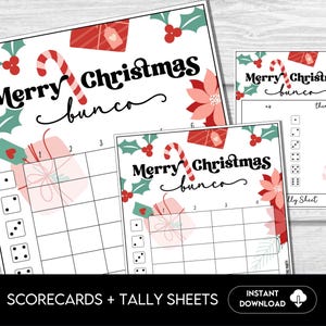 Vrolijk kerstfeest BUNCO-spel, afdrukbare bunco-scorebladen, scorekaarten, afdrukbare kerstfeestspellen, december Bunco-feest
