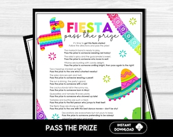 May include: A black and white printable game card with the text "FIESTA pass the prize". The card features colorful illustrations of a piñata and a sombrero, perfect for a party.
