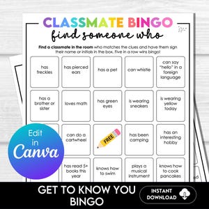 Classmate Get to Know You Bingo, Find Someone Who Bingo, Classroom Bingo, Back To School Icebreaker, Fun Get To Know You Activity, Editable