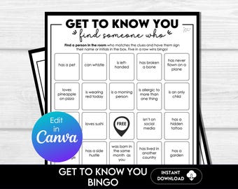 Find The Guest Bingo Game, Icebreaker Party Game, Fun Work Game, Group Event Game, Get To Know You Game, Human Bingo with Editable Prompts