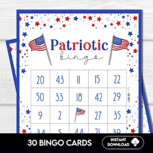 30 patriottische bingokaarten, 4 juli-bingo, Independence Day-feestactiviteit, klaslokaal, kerk, BBQ, picknickspel direct downloaden 4J