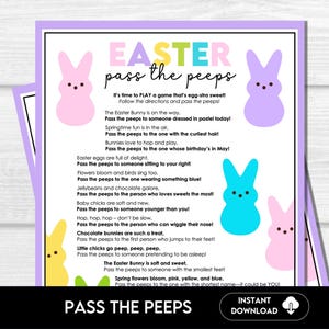 May include: A printable Easter game instruction sheet with a purple background and colorful text. The text reads "Easter pass the peeps" and includes instructions for a game where players pass a Peep candy to someone who fits the description. The sheet features a variety of colorful Peeps.