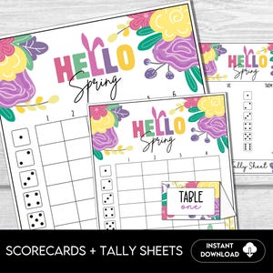 Spring Bunco Cards, Printable Floral Bunco Sheets, Includes Score Cards, Tally Sheets, and Table Markers, Springtime Bunco Party Game Set