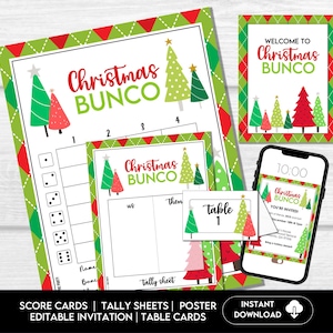 Kerst Bunco Kerstboom Afdrukbaar, Bunco-scorebladenbundel - scorekaarten, bladwijzers en tafelnummers, Bunco kerstdag