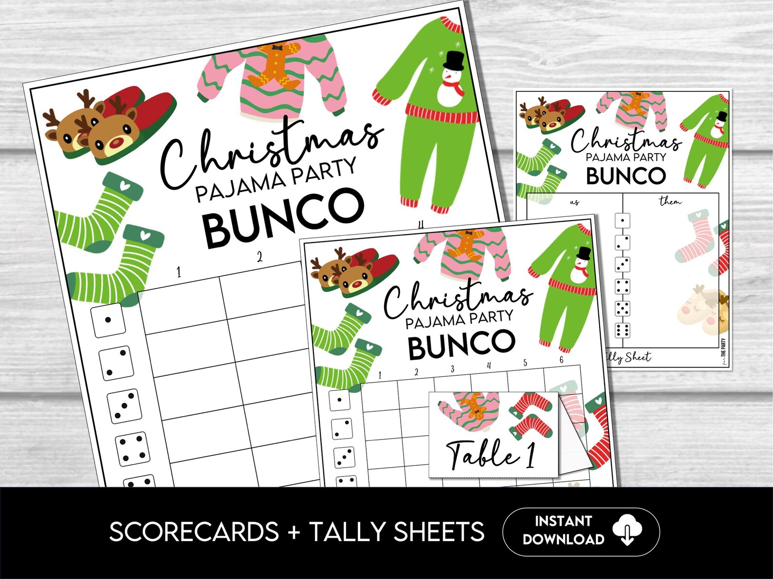 Christmas Pajama Party Bunco, Printable Bunco Score Cards, Score Card ...