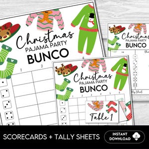 Kerstpyjamafeest Bunco, afdrukbare Bunco-scorekaarten, scorekaarten, scorekaarten, afdrukbare kerstfeestspellen, december Bunco-feest