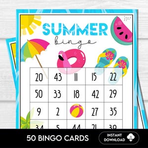 Bingo estivo, 50 cartelle del bingo estivo, gioco estivo, attività estiva, bingo stampabile per bambini, gioco del bingo per le vacanze estive per bambini e adulti S1