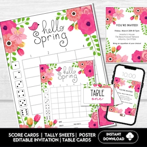 Folhas de pontuação Bunco com flores da primavera, cartões de contagem, marcadores de mesa, convite, cartões de jogo noturno Bunco, download digital - tema floral