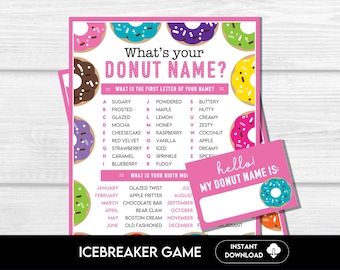 What's Your Donut Name Game Printable, Donut Name Generator, Donut Party Sign and Name Tags, Donut Party, Birthday, Baby Shower, Church D1