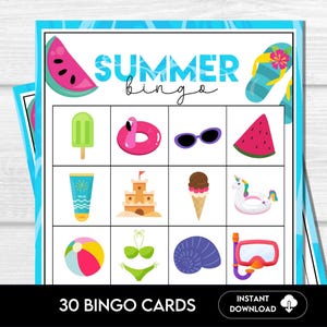 Zomerbingo, zomerbingokaarten, afdrukbare bingo voor kinderen, zomeractiviteit, zomerbingospel voor kinderen, zomerspel, zomervakantiebingo S1