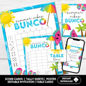 Hojas de puntuación de Bunco de verano, tarjetas de conteo, marcadores de mesa, invitación, tarjetas de juego de Bunco Night, descarga digital, temática de playa, Bunco de piscina