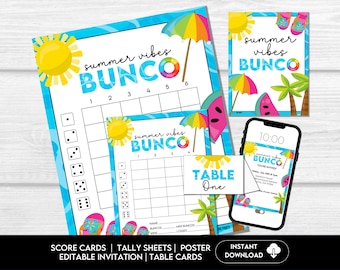Może przedstawiać: Zestaw materiałów do gry w Bunco w letnim klimacie. Projekt zawiera słowa "summer vibes BUNCO" w kolorze niebieskim, z ilustracjami słońca, parasoli i arbuza. Zawiera karty wyników, arkusze punktacji i zaproszenie.