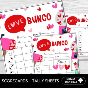 Valentines Bunco Score Sheets, February Bunco Party Set, Galentine&#39;s Bunco Scorecards 4 games & 6 games, Tally Sheets,  Table Number Cards