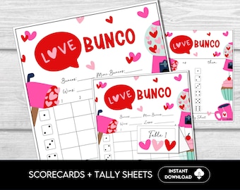 Puede incluir: Cartas de puntuación y hojas de recuento imprimibles para un juego de Love Bunco para el Día de San Valentín. Las tarjetas de puntuación presentan un buzón rosa con corazones y dados. Las hojas de recuento presentan una máquina expendedora de chicles rosa con corazones y una magdalena.