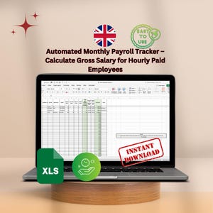 Op de afbeelding: Een laptopcomputer die een spreadsheet toont met de titel "Automated Monthly Payroll Tracker - Calculate Gross Salary for Hourly Paid Employees". De spreadsheet is in Excel-formaat en heeft een groene knop met de tekst "Direct downloaden". De laptop staat op een houten oppervlak.