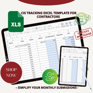 Op de afbeelding: Een screenshot van een spreadsheet-sjabloon voor het bijhouden van CIS-aftrek voor aannemers. De spreadsheet heeft kolommen voor naam, datum, status, arbeid, CIS-aftrek, materialen en netto. De spreadsheet is gelabeld "CIS Tracking Excel Template for Contractors".